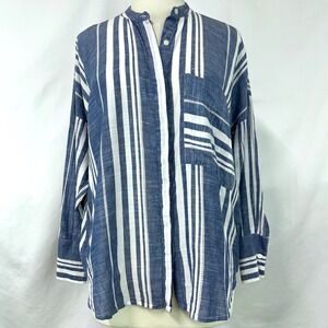 LUCKY BRAND Blue White Stripe Button Front Shirt Relaxed Boxy 100% Cotton Size S